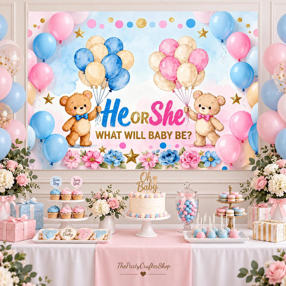 Bear Gender Reveal Backdrop, 7x5FT Baby Shower Photo Prop (Pink Blue Balloons)