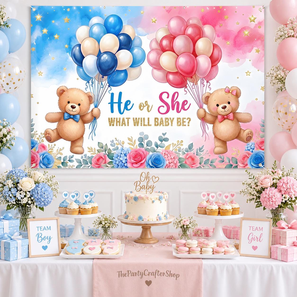 Gender Reveal Backdrop, He or She Baby Shower Banner (7x5FT)