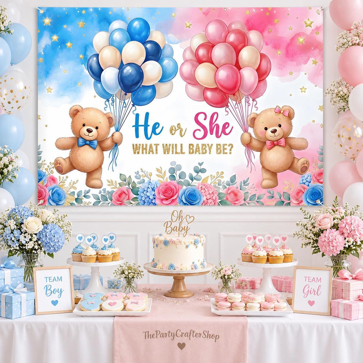 Gender Reveal Backdrop, He or She Baby Shower Banner (7x5FT)