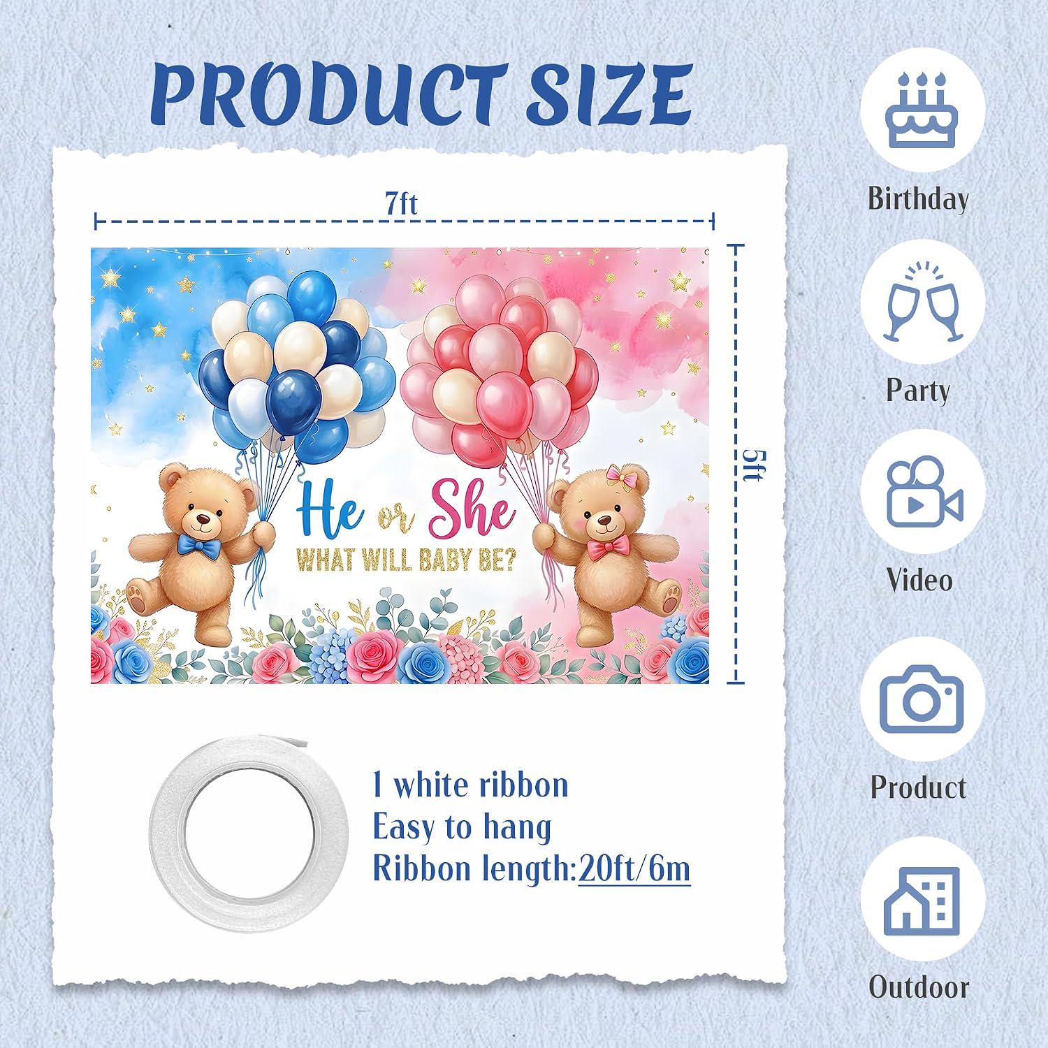 Gender Reveal Backdrop, He or She Baby Shower Banner (7x5FT)