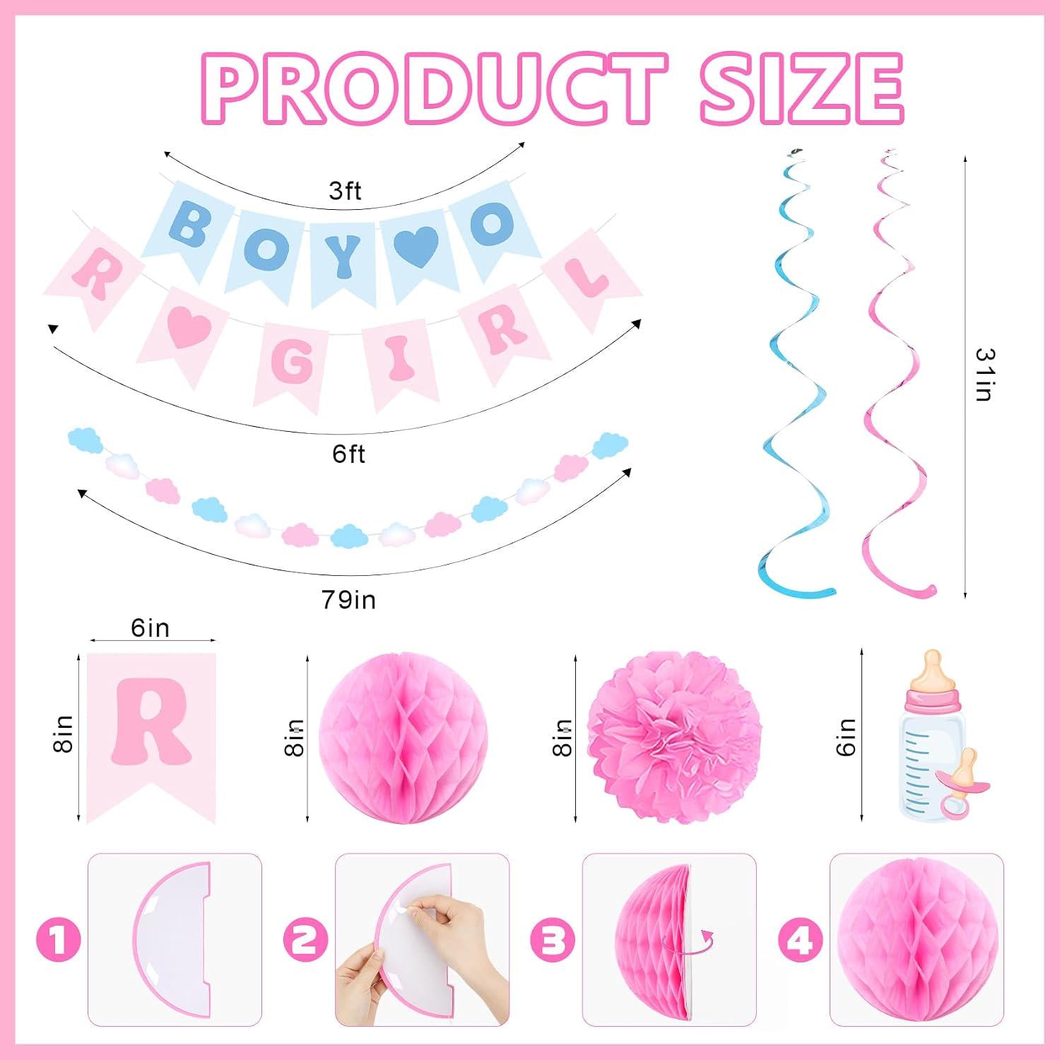 Boy or Girl Gender Reveal Decorations, Pink Blue Baby Shower Banner, Honeycomb Balls & Swirls