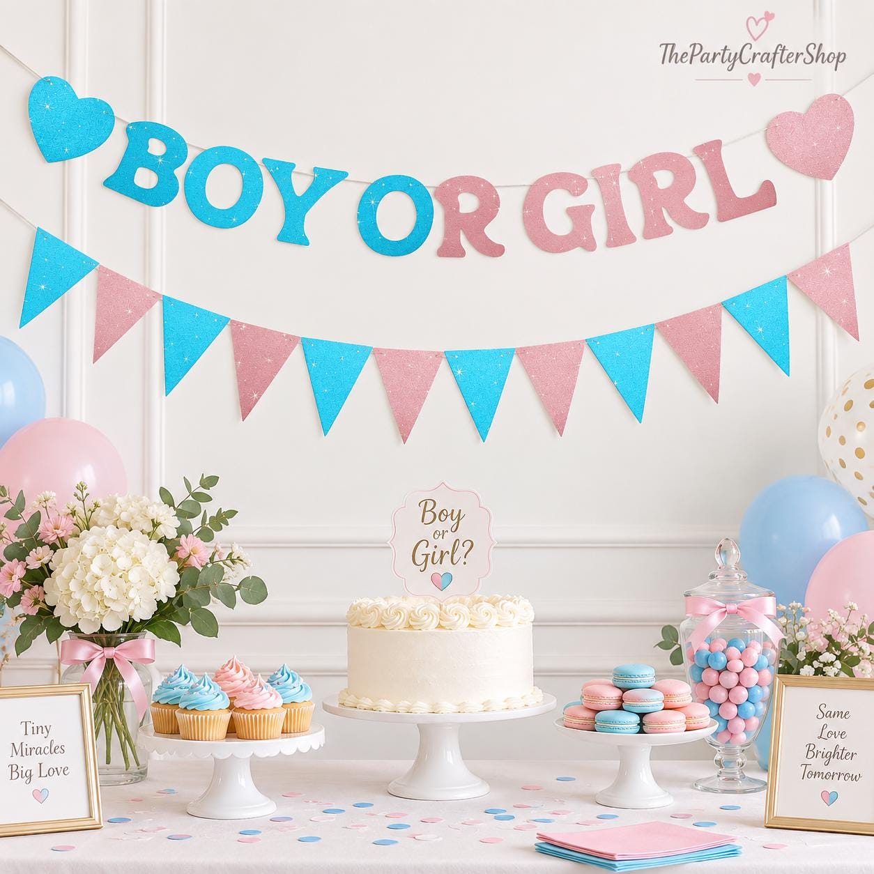 Glitter Pink Blue Boy or Girl Banner, Sparkle Baby Shower Backdrop (Cardboard)