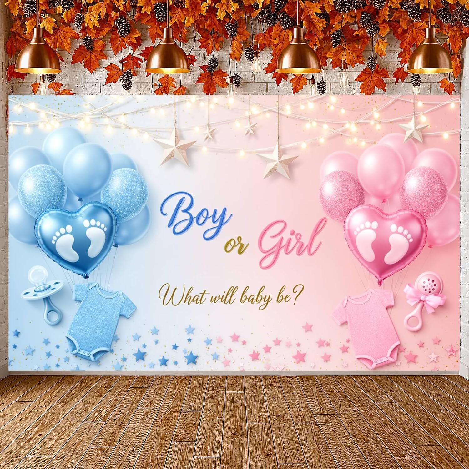 Boy or Girl Gender Reveal Backdrop, Blue Pink Baby Banner (70.8x43.3 Inch)
