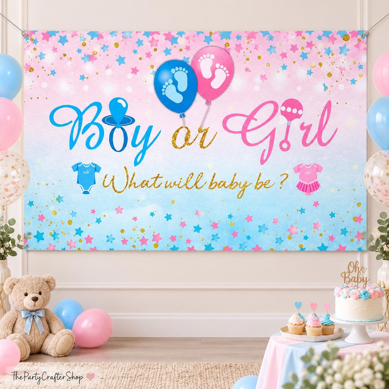 Boy or Girl Gender Reveal Banner, Blue Pink Baby Shower Backdrop (70.8x43.3 Inch)