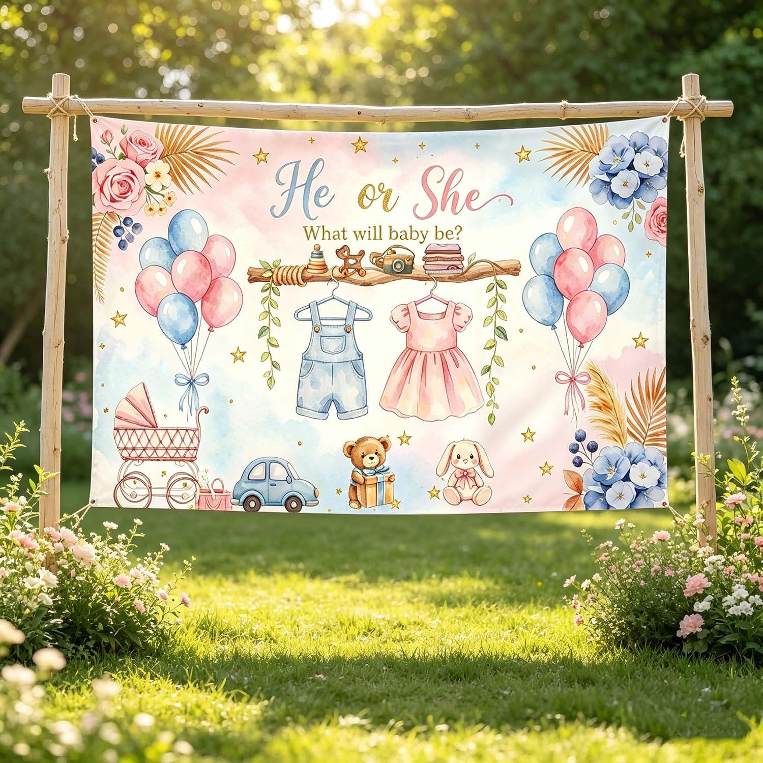 Boho Gender Reveal Backdrop, 7x5FT Baby Shower Banner, Floral Party Decor