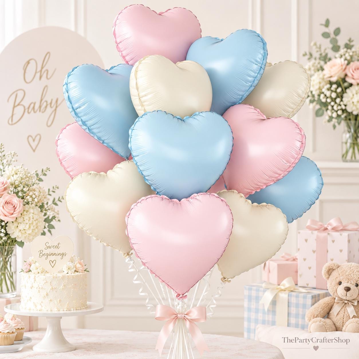 12pc Heart Foil Balloons, Pink Blue White, Gender Reveal Party Decor