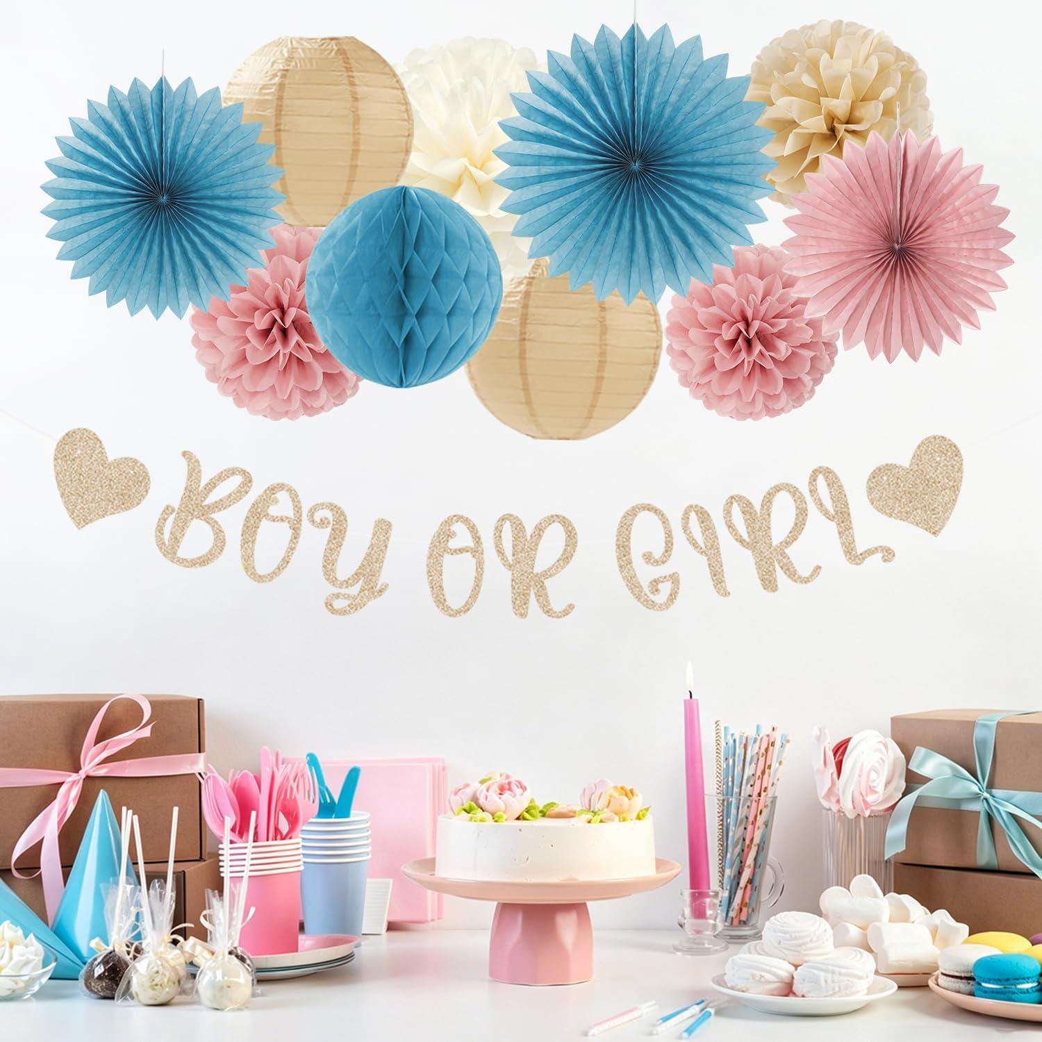 Champagne Blue Pink Gender Reveal Party Set, 22pc Neutral Decorations (Banner, Lanterns, Pom Poms)