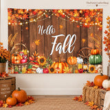 Hello Fall Backdrop Banner, Rustic Pumpkin Harvest Decor (6x3.6FT)