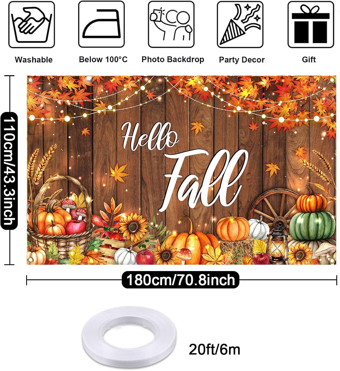 Hello Fall Backdrop Banner, Rustic Pumpkin Harvest Decor (6x3.6FT)