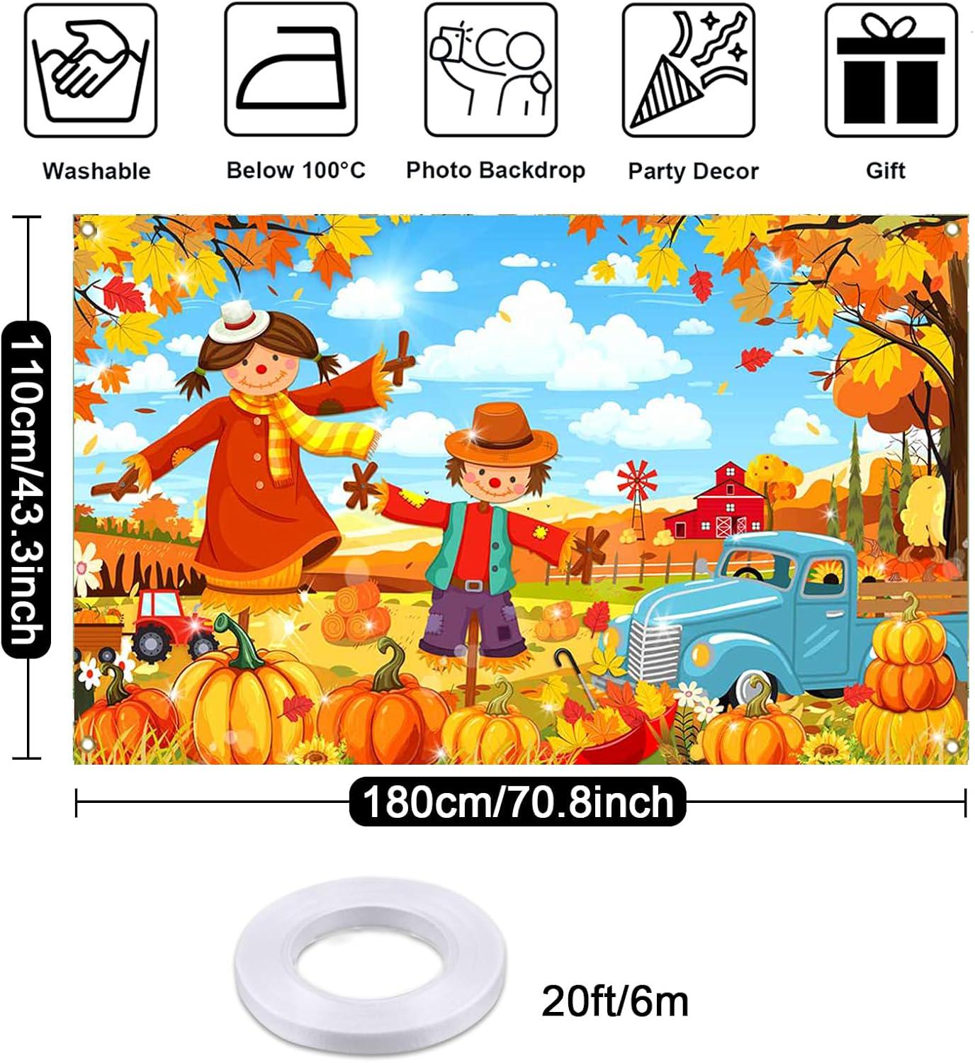 Happy Fall Scarecrow Pumpkin Backdrop, Autumn Harvest Party Decor (6x3.6FT)