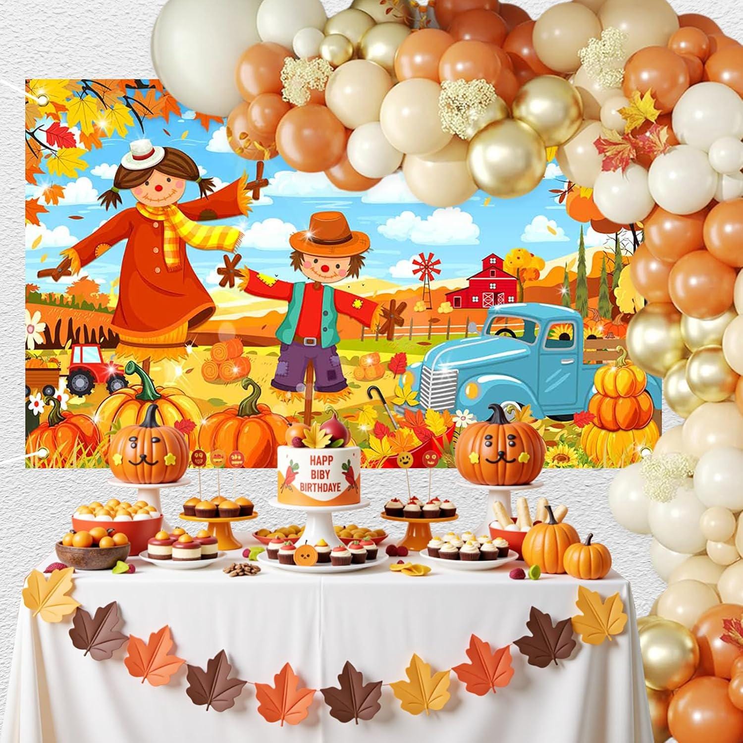 Happy Fall Scarecrow Pumpkin Backdrop, Autumn Harvest Party Decor (6x3.6FT)