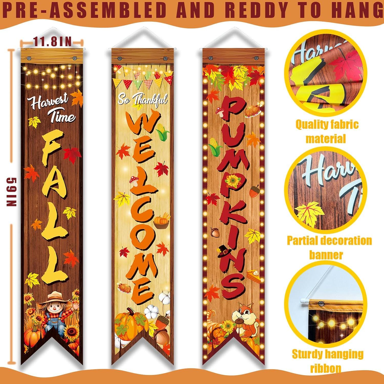 Happy Fall Porch Banner Set, Autumn Harvest Decor, Thanksgiving Photo Props (3 Piece)