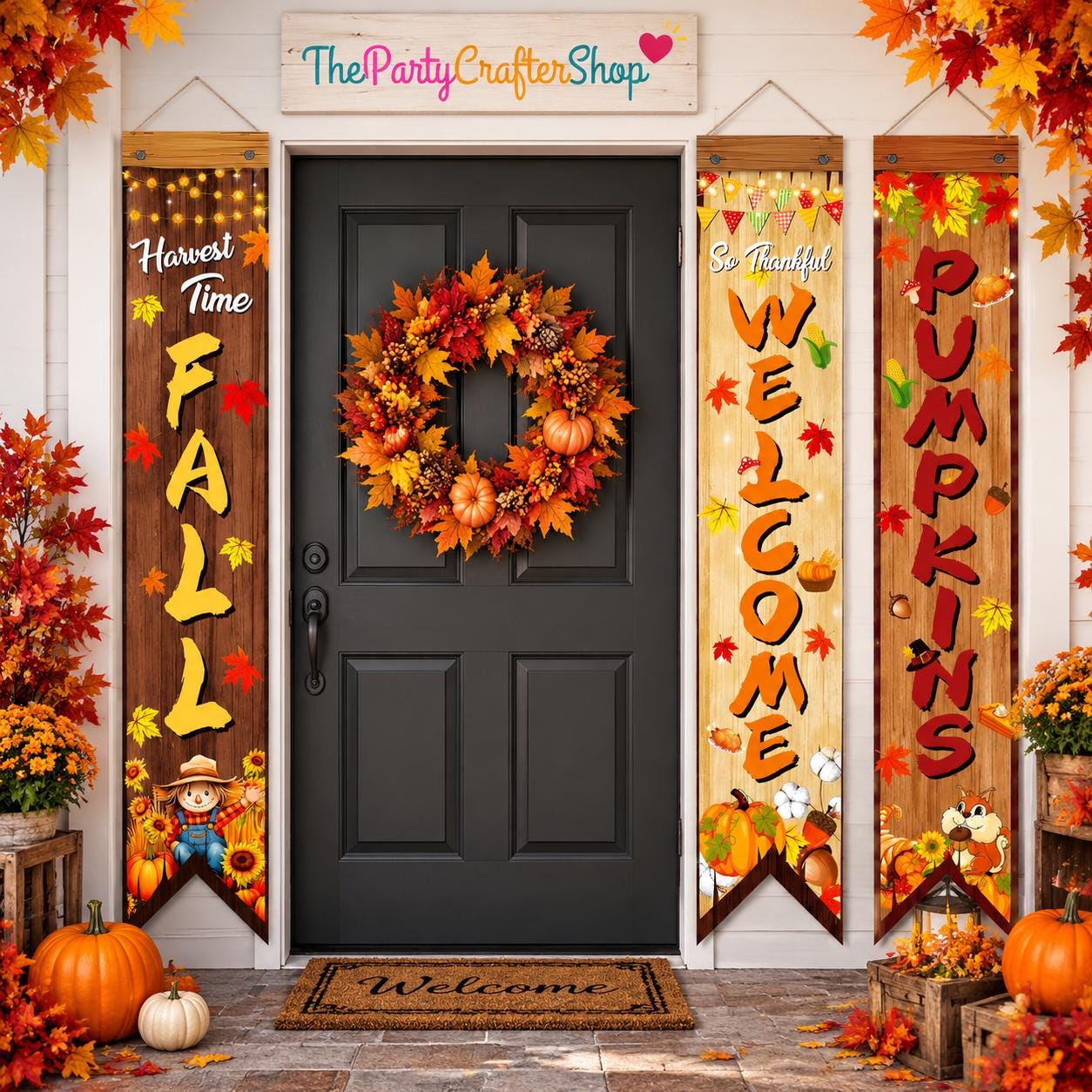 Happy Fall Porch Banner Set, Autumn Harvest Decor, Thanksgiving Photo Props (3 Piece)