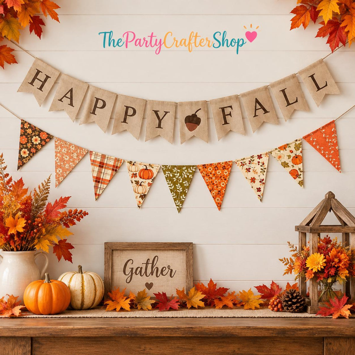 Happy Fall Burlap Banner Set, Rustic Autumn Garland, Pre-Strung Bunting (2 Pack)