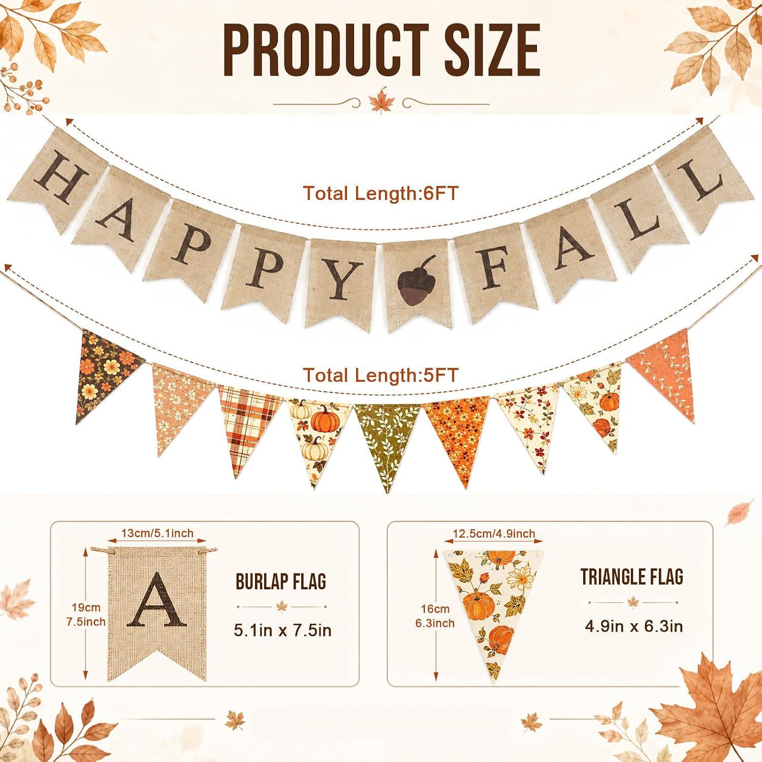 Happy Fall Burlap Banner Set, Rustic Autumn Garland, Pre-Strung Bunting (2 Pack)