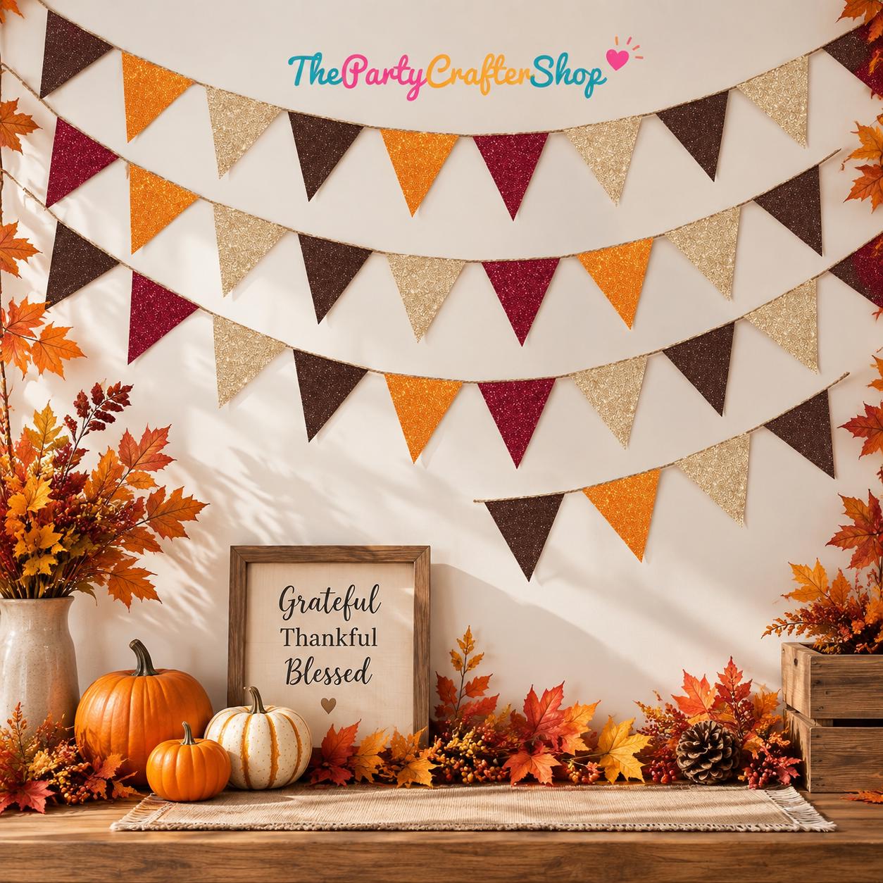 Autumn Glitter Pennant Banner, Brown Burgundy Orange Gold Garland, Harvest Party Decor