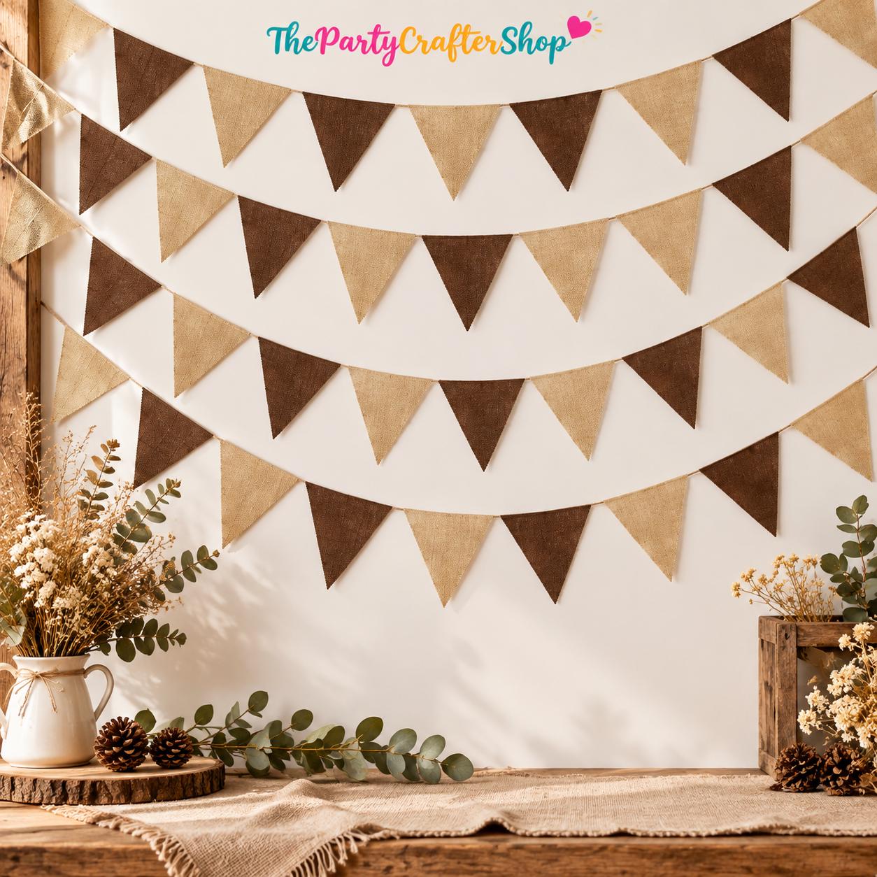 46FT Brown Burlap Banner, Rustic Triangle Pennant Garland, Boho Wedding Birthday Decor