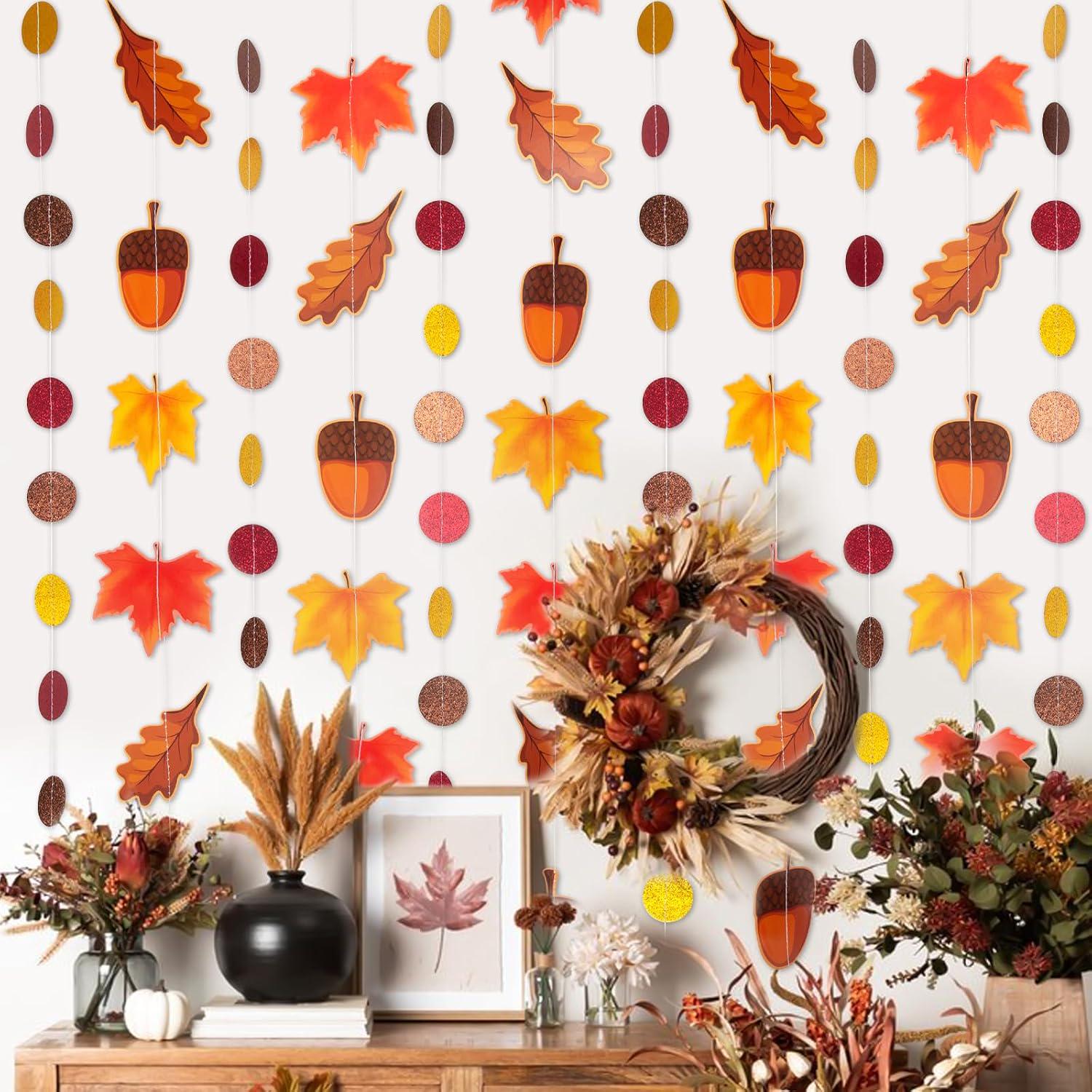 8 Pack Fall Maple Leaf Garland, Acorn & Leaf Hanging Banner, Autumn Party Decor