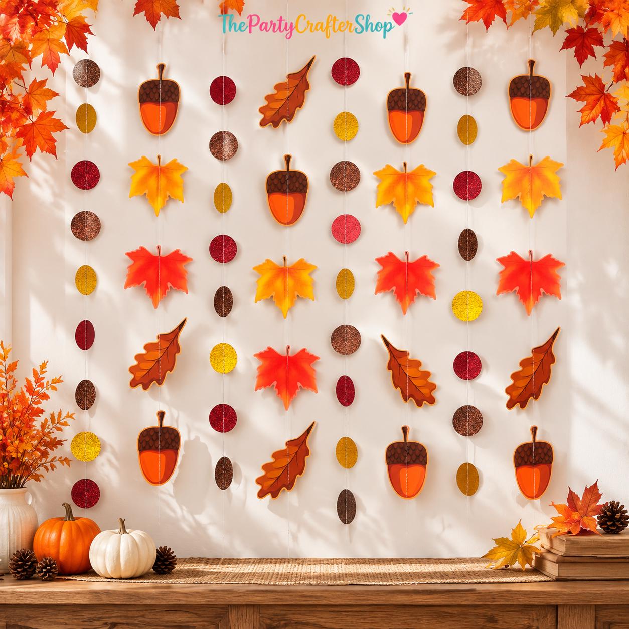 8 Pack Fall Maple Leaf Garland, Acorn & Leaf Hanging Banner, Autumn Party Decor