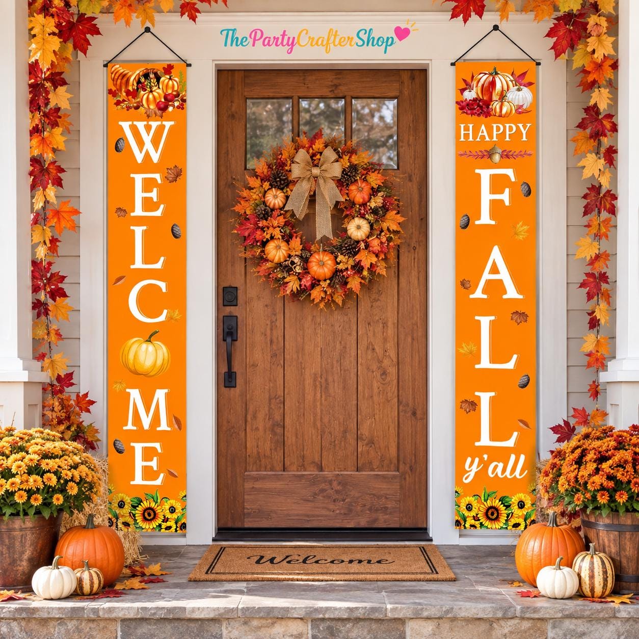 Happy Fall Porch Banner, Autumn Harvest Door Decor, Indoor Outdoor Home Decoration