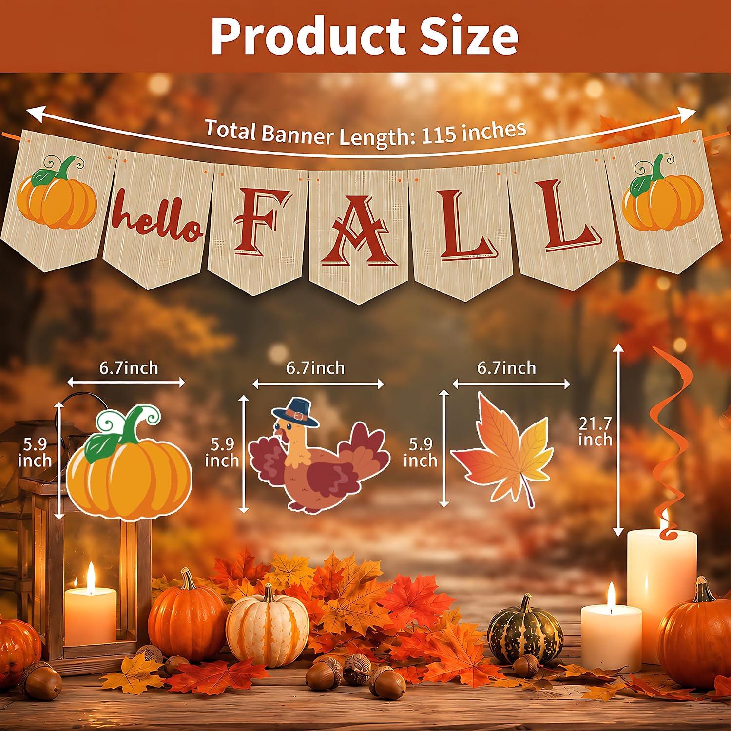 Fall Decorations Set, 9pc Hanging Swirls & Hello Fall Banner, Autumn Garland Decor