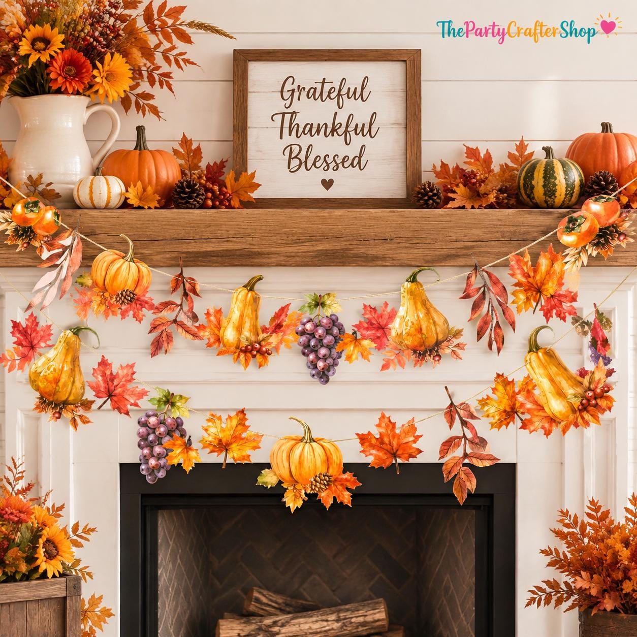 2pc Fall Harvest Garland Set, Pumpkin Maple Leaf Bunting (9.8FT)