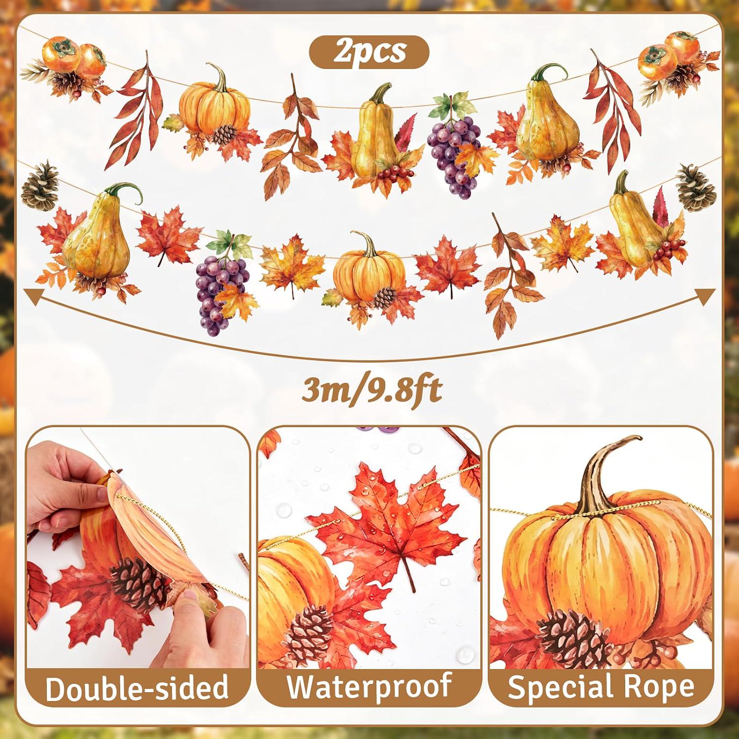 2pc Fall Harvest Garland Set, Pumpkin Maple Leaf Bunting (9.8FT)