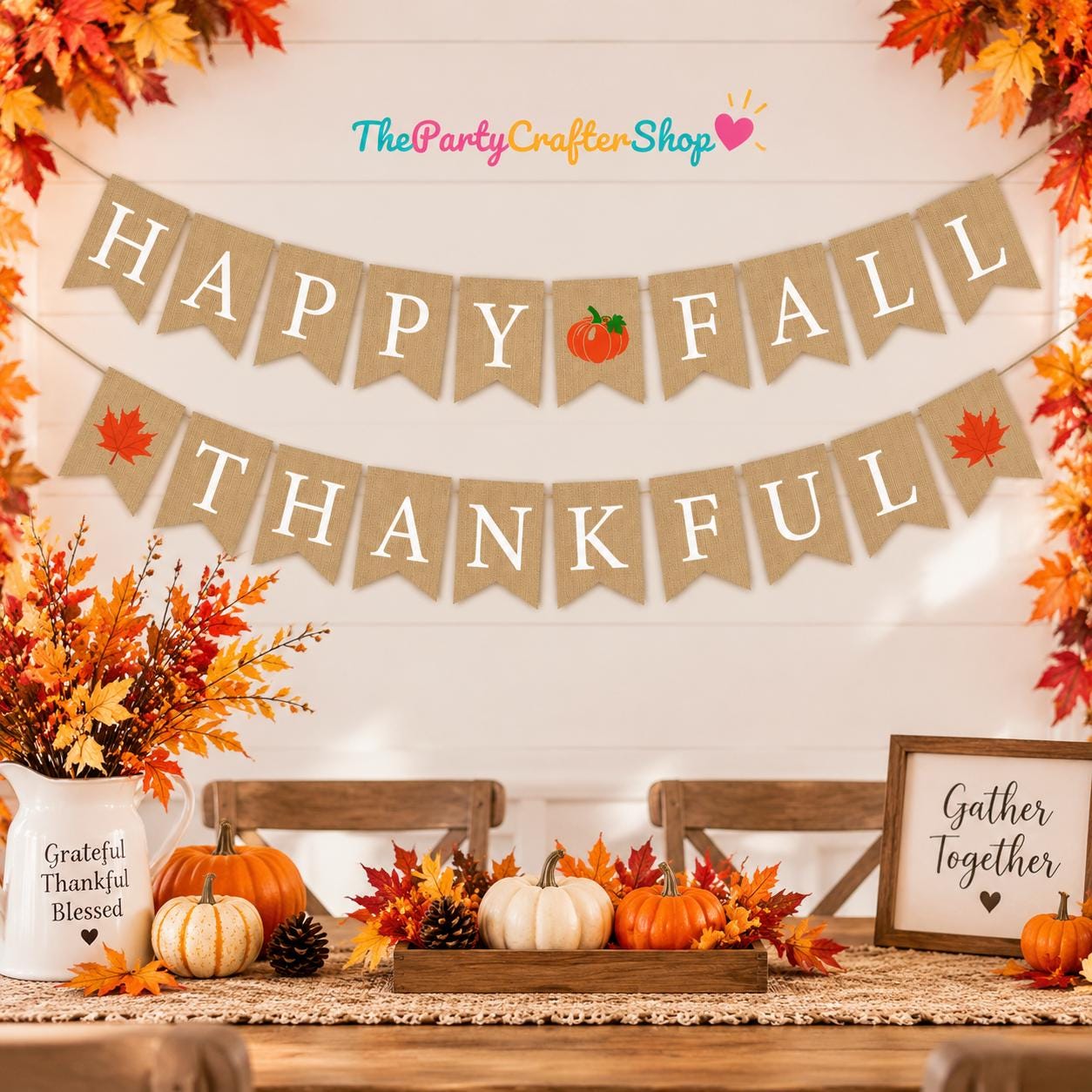 Happy Fall Burlap Banner, Thankful Garland, Pumpkin Maple Leaf Bunting (11ft)