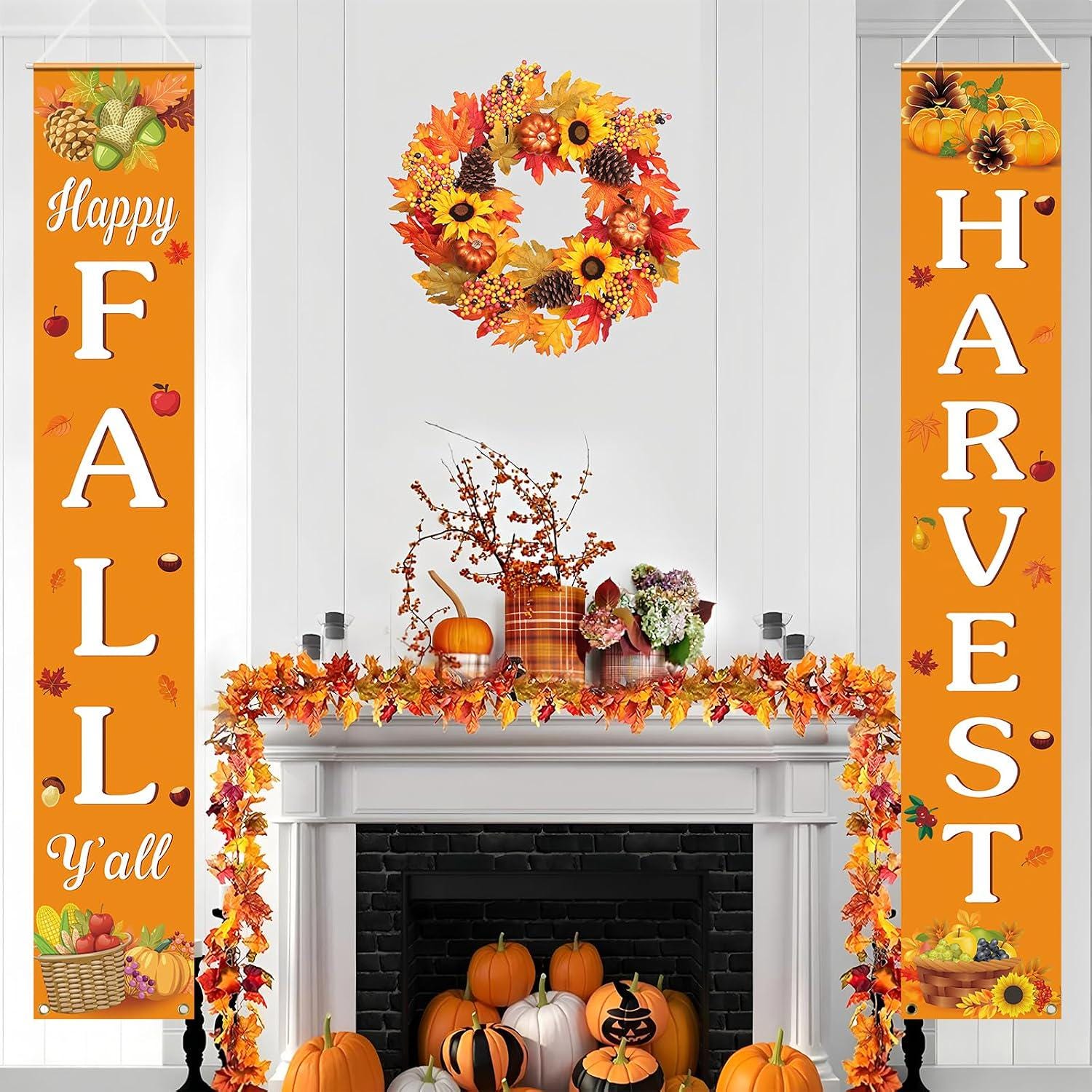 Happy Fall Harvest Banner, Pumpkin Maple Leaf Porch Decor (72x12 Inch)