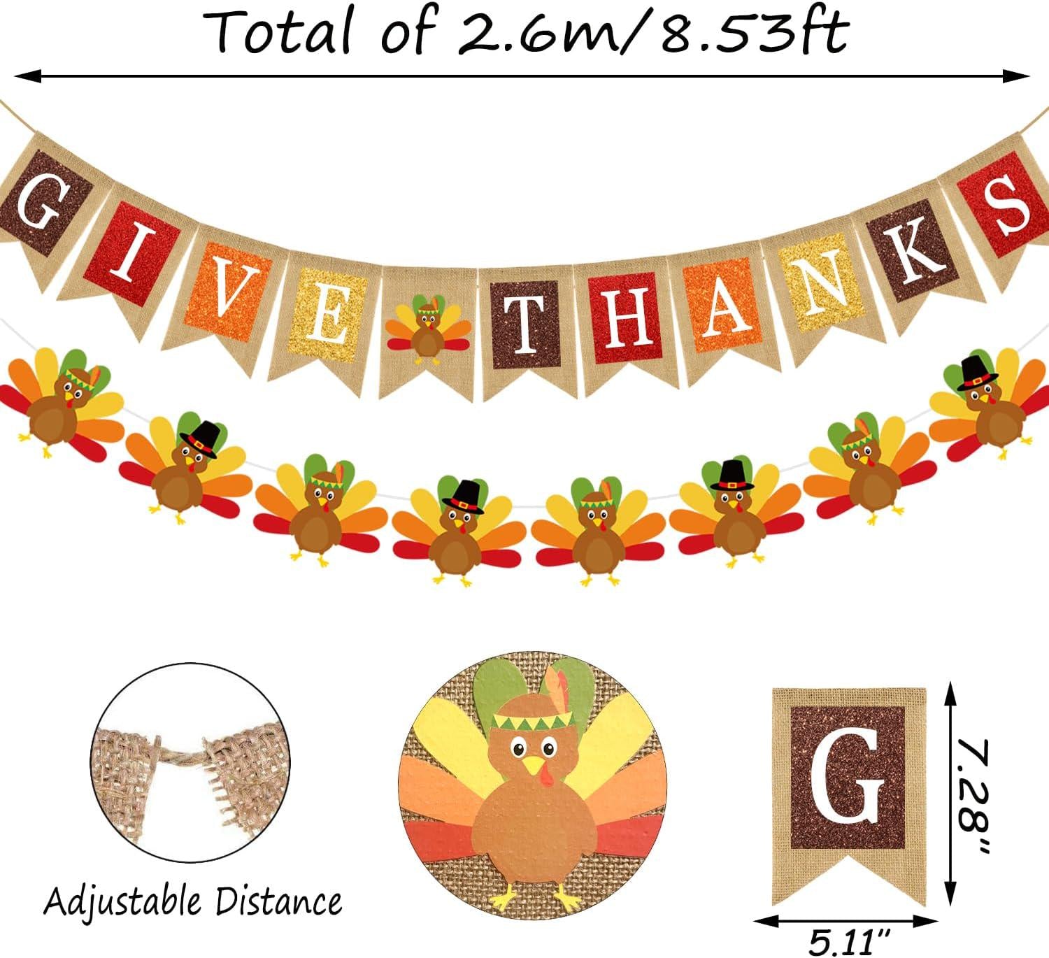 Give Thanks Burlap Banner, Turkey Garland, Autumn Harvest Bunting (2pc Set)