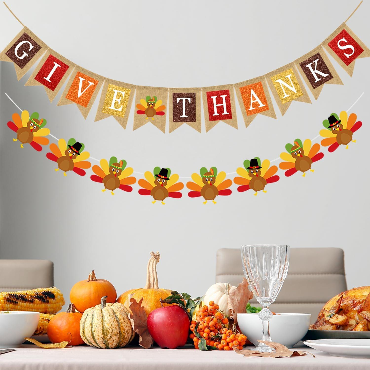 Give Thanks Burlap Banner, Turkey Garland, Autumn Harvest Bunting (2pc Set)
