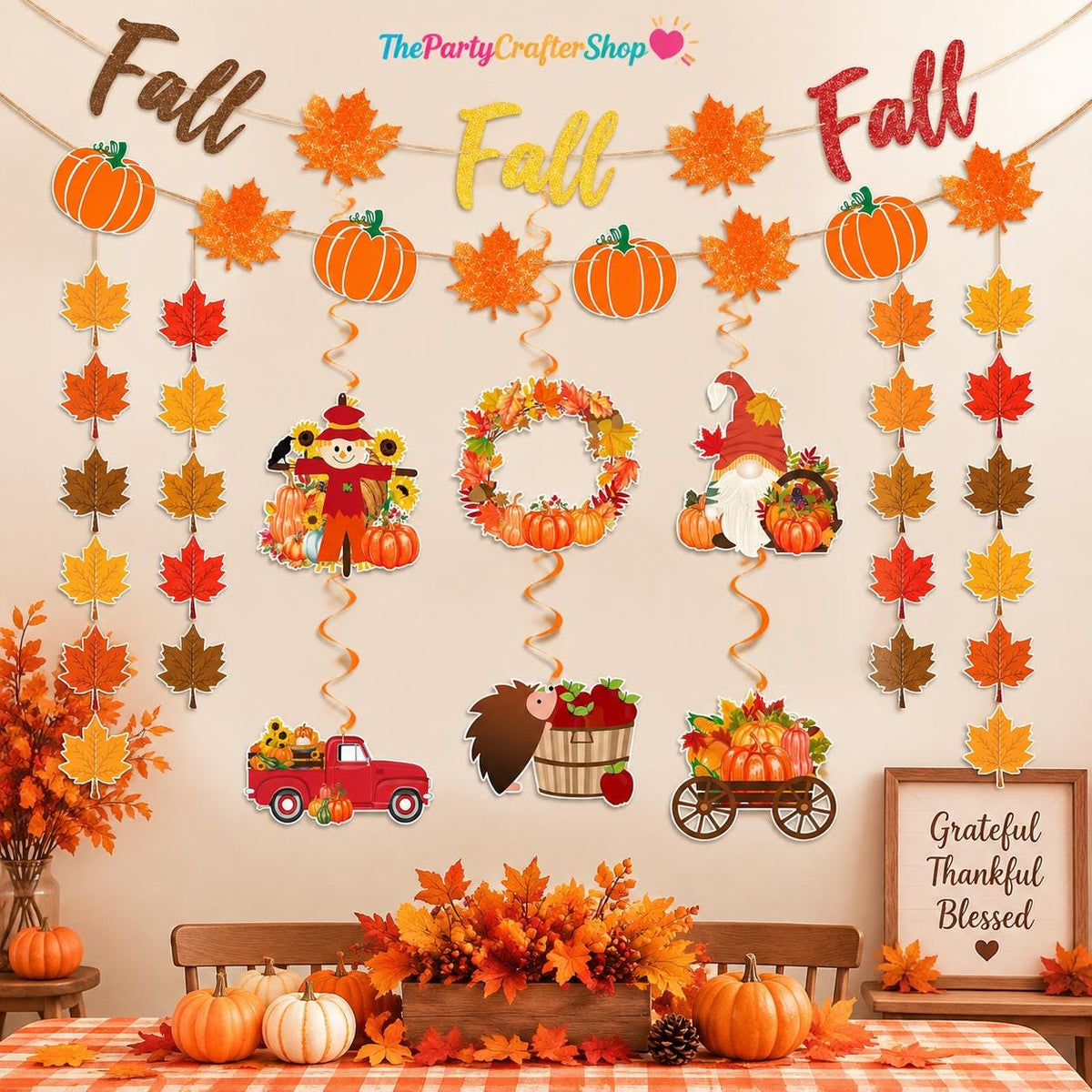 Glitter Fall Party Decorations Set, Pumpkin Maple Leaf Garland, Autumn Swirls (PVC, Cardboard)