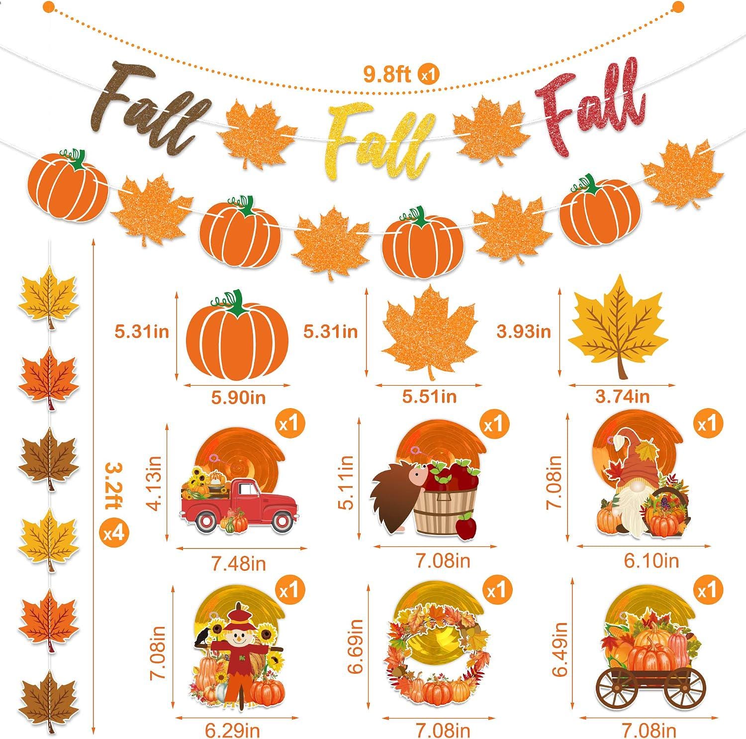 Glitter Fall Party Decorations Set, Pumpkin Maple Leaf Garland, Autumn Swirls (PVC, Cardboard)
