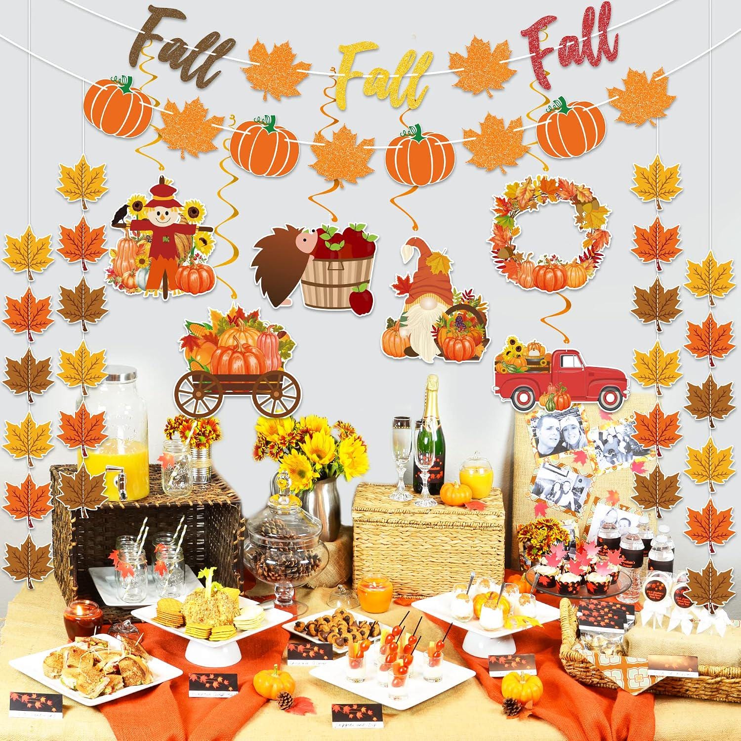 Glitter Fall Party Decorations Set, Pumpkin Maple Leaf Garland, Autumn Swirls (PVC, Cardboard)