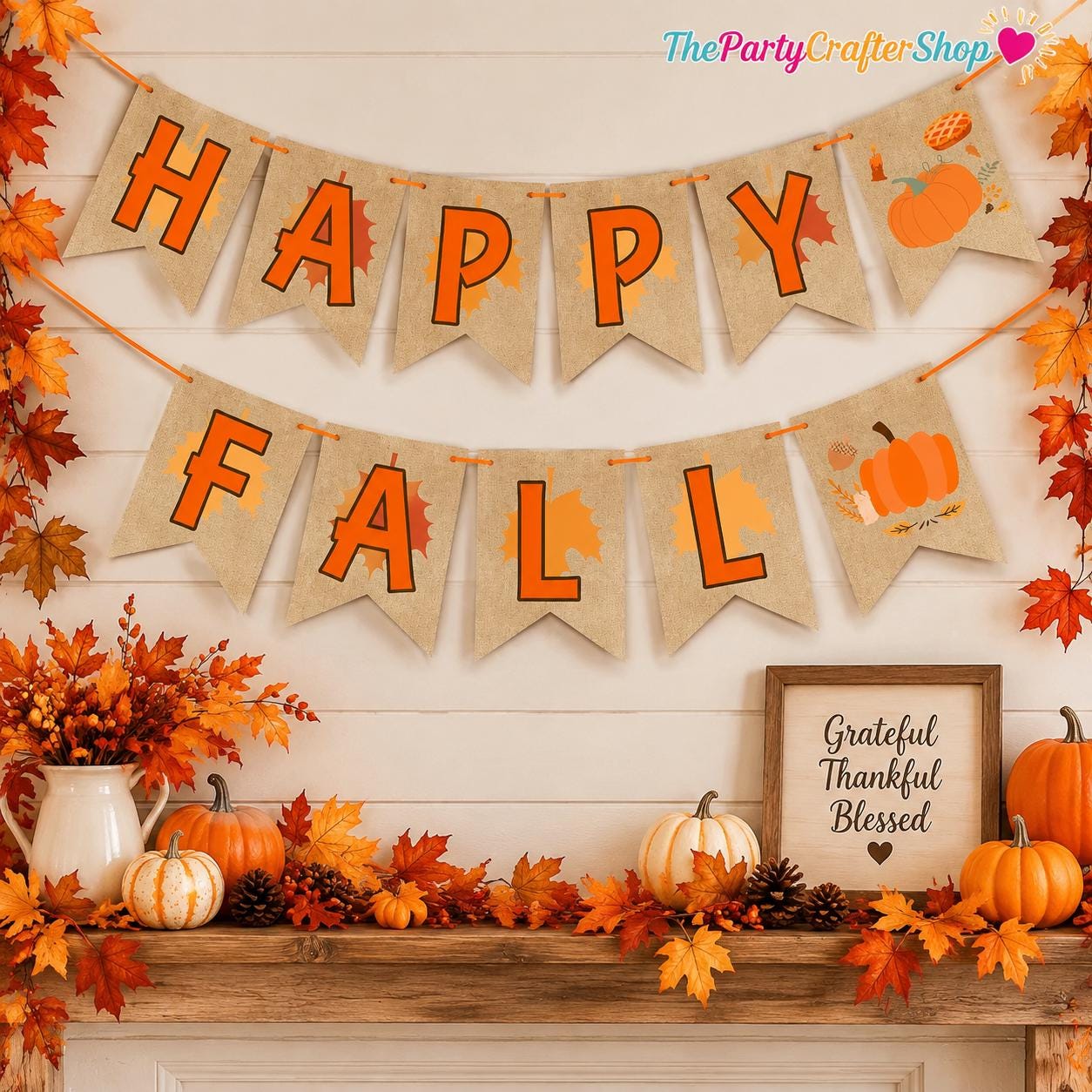 Happy Fall Banner, Rustic Harvest Garland, Pumpkin Bunting (6.6ft Rope)