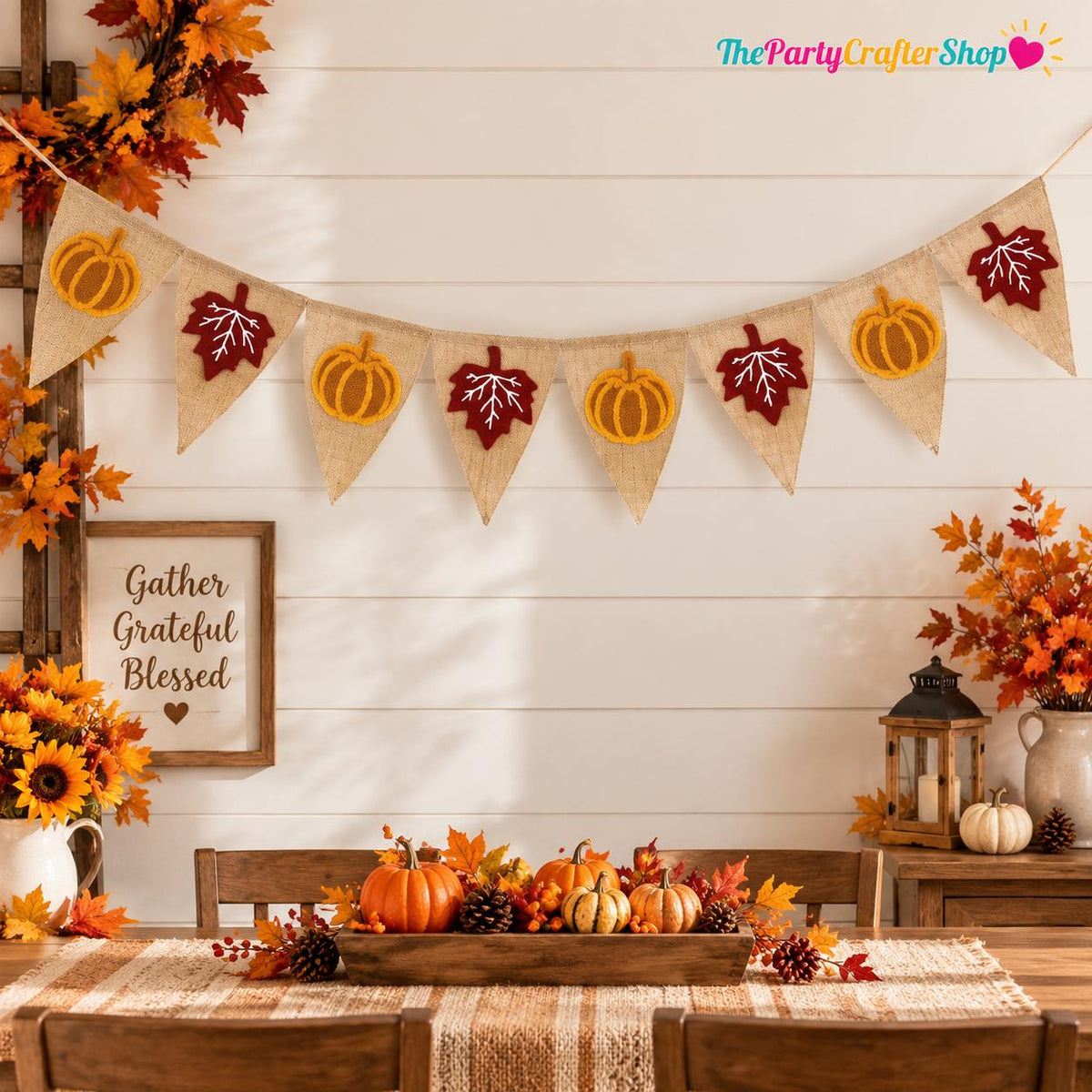 Burlap Pumpkin Maple Leaf Banner, Rustic Autumn Garland, Farmhouse Decor