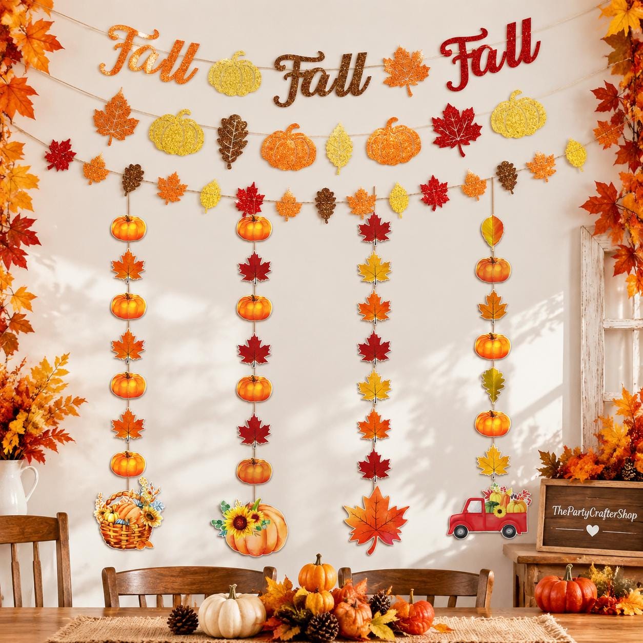 Glitter Fall Banner, Leaf Pumpkin Garland, Autumn Thanksgiving Decor (Set)
