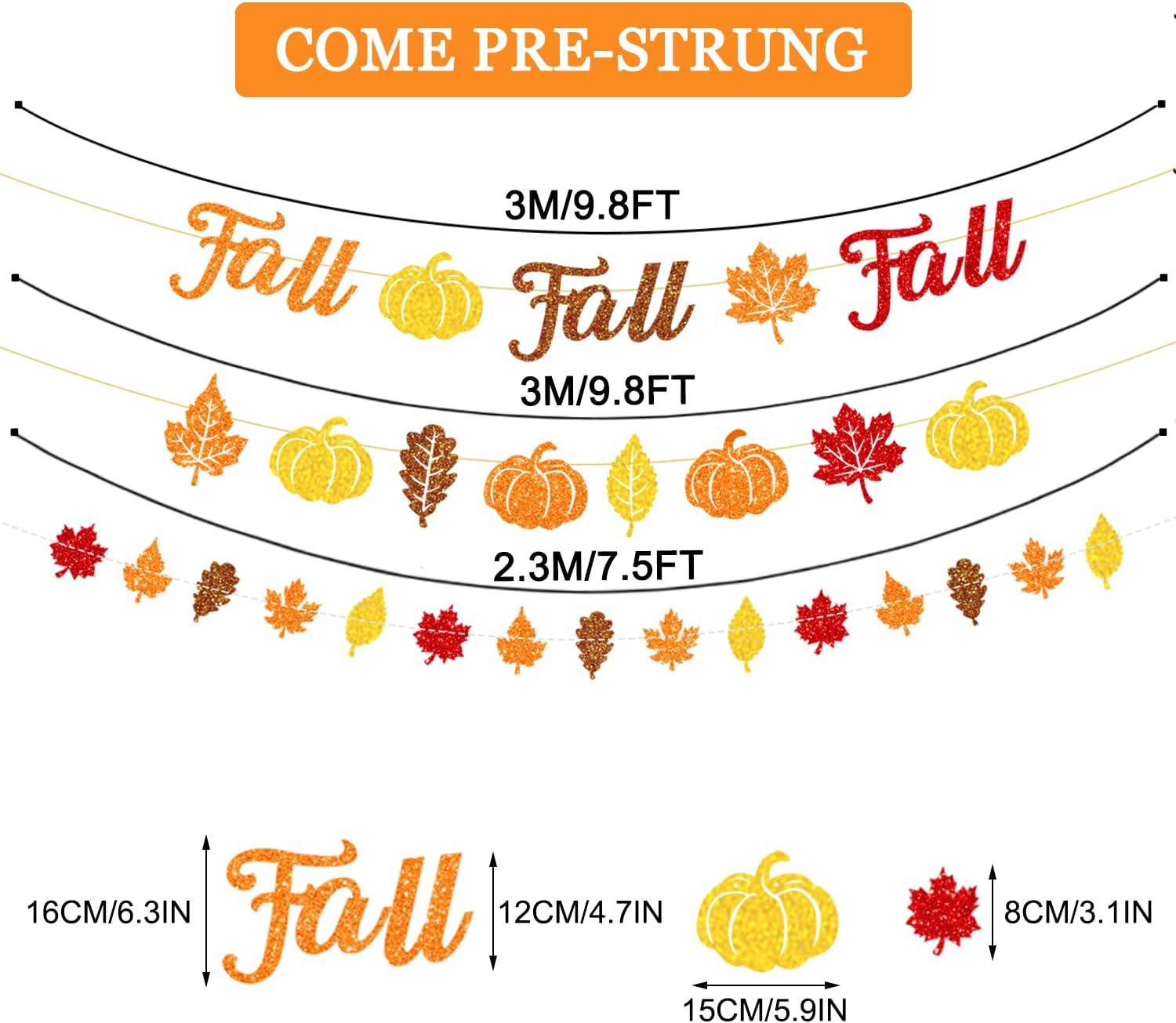 Glitter Fall Banner, Leaf Pumpkin Garland, Autumn Thanksgiving Decor (Set)