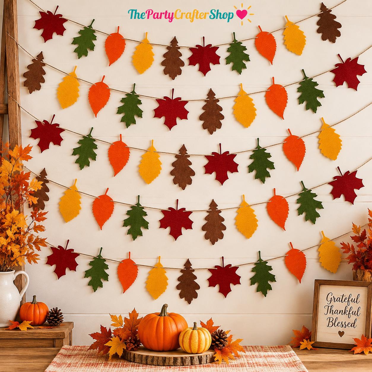 5pc Felt Maple Leaf Garland, Autumn Harvest Banner, Thanksgiving Decor