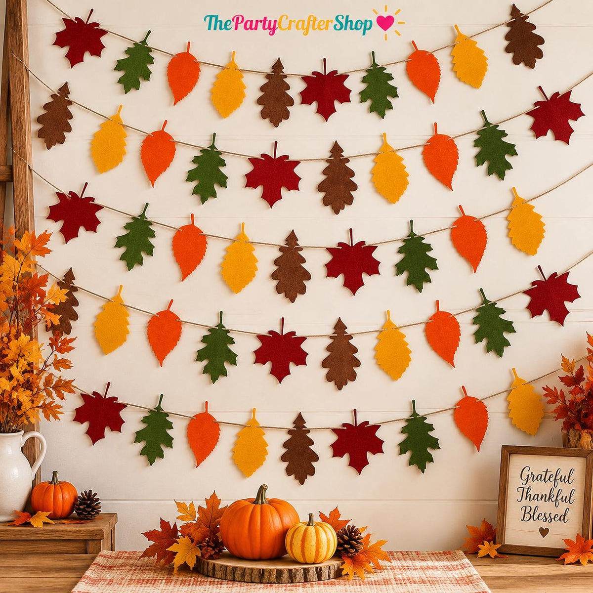 5pc Felt Maple Leaf Garland, Autumn Harvest Banner, Thanksgiving Decor