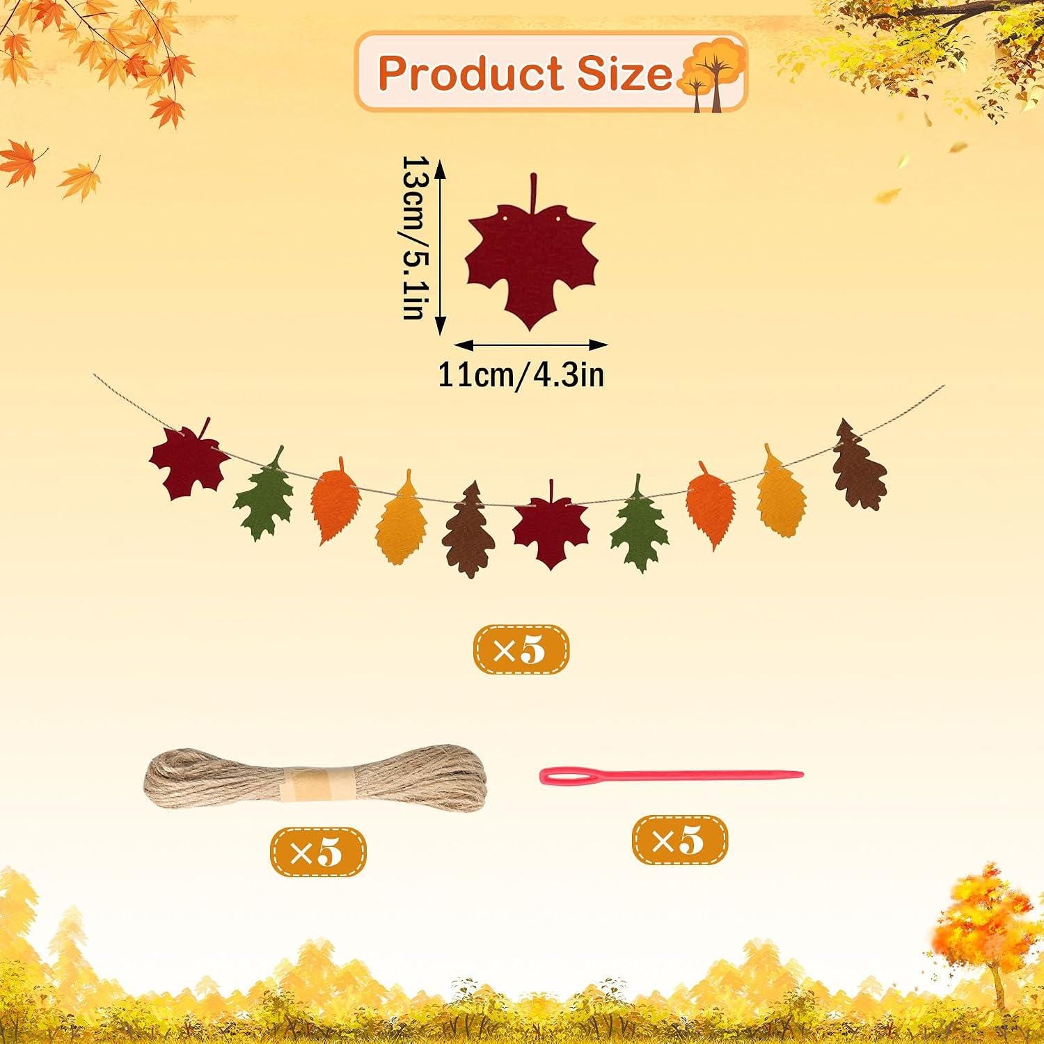 5pc Felt Maple Leaf Garland, Autumn Harvest Banner, Thanksgiving Decor