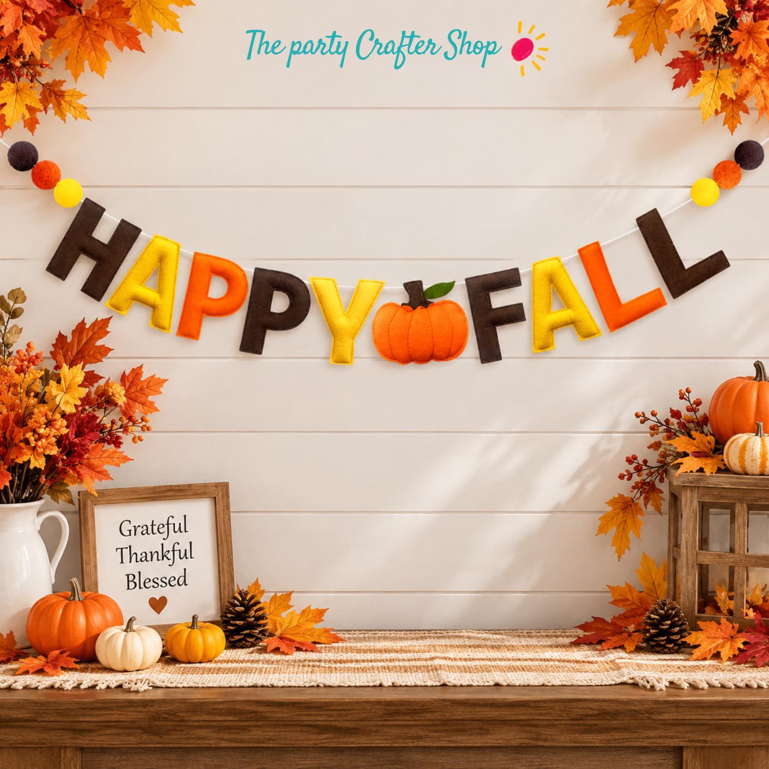 Happy Fall Felt Banner, Pre-Strung Pumpkin Garland, Autumn Party Decor