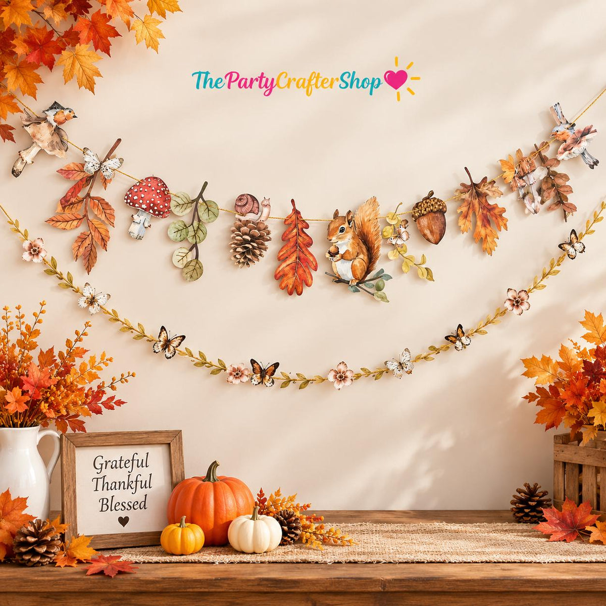 Watercolor Fall Woodland Garland, Squirrel Acorn Leaf Banner (8.2FT)