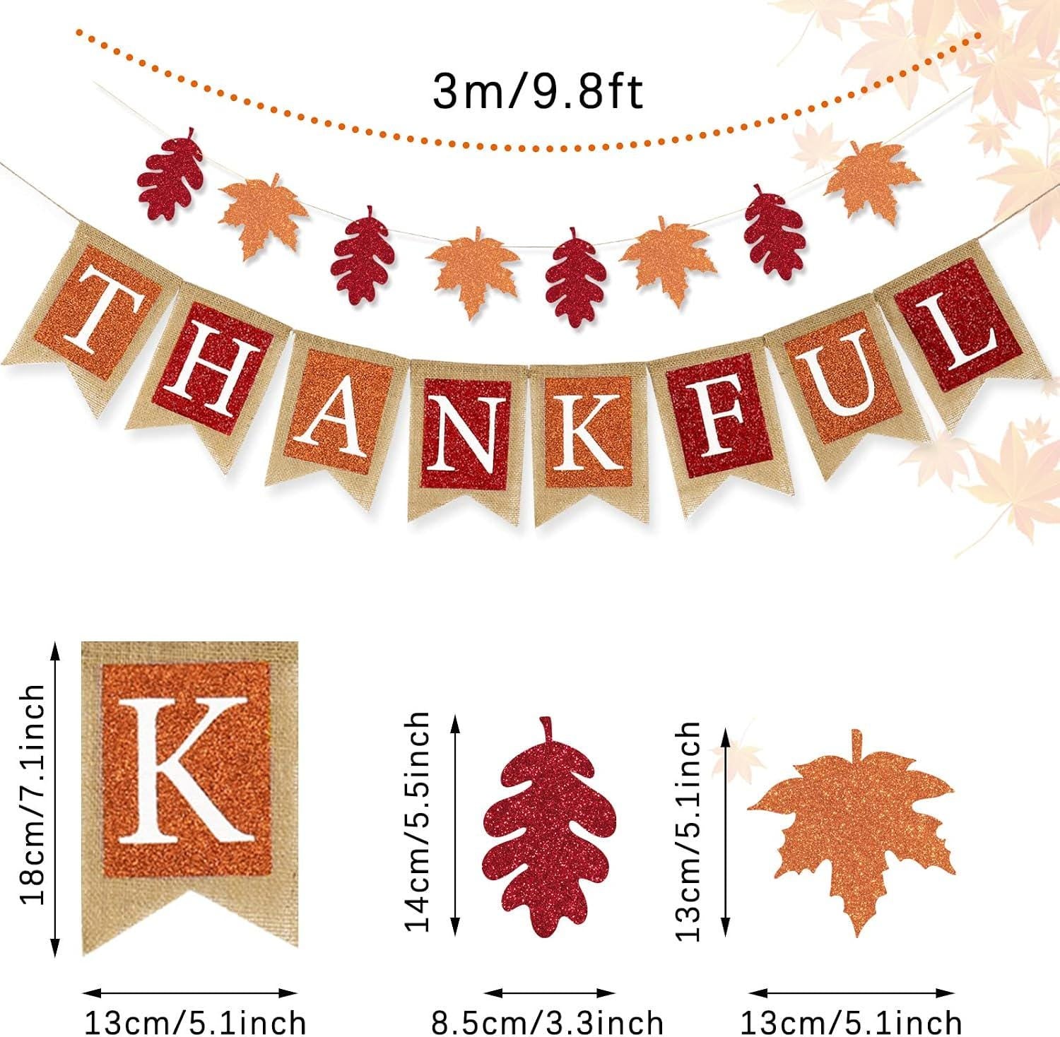 Thankful Fall Burlap Banner, Glitter Maple Leaf Garland, Rustic Autumn Bunting