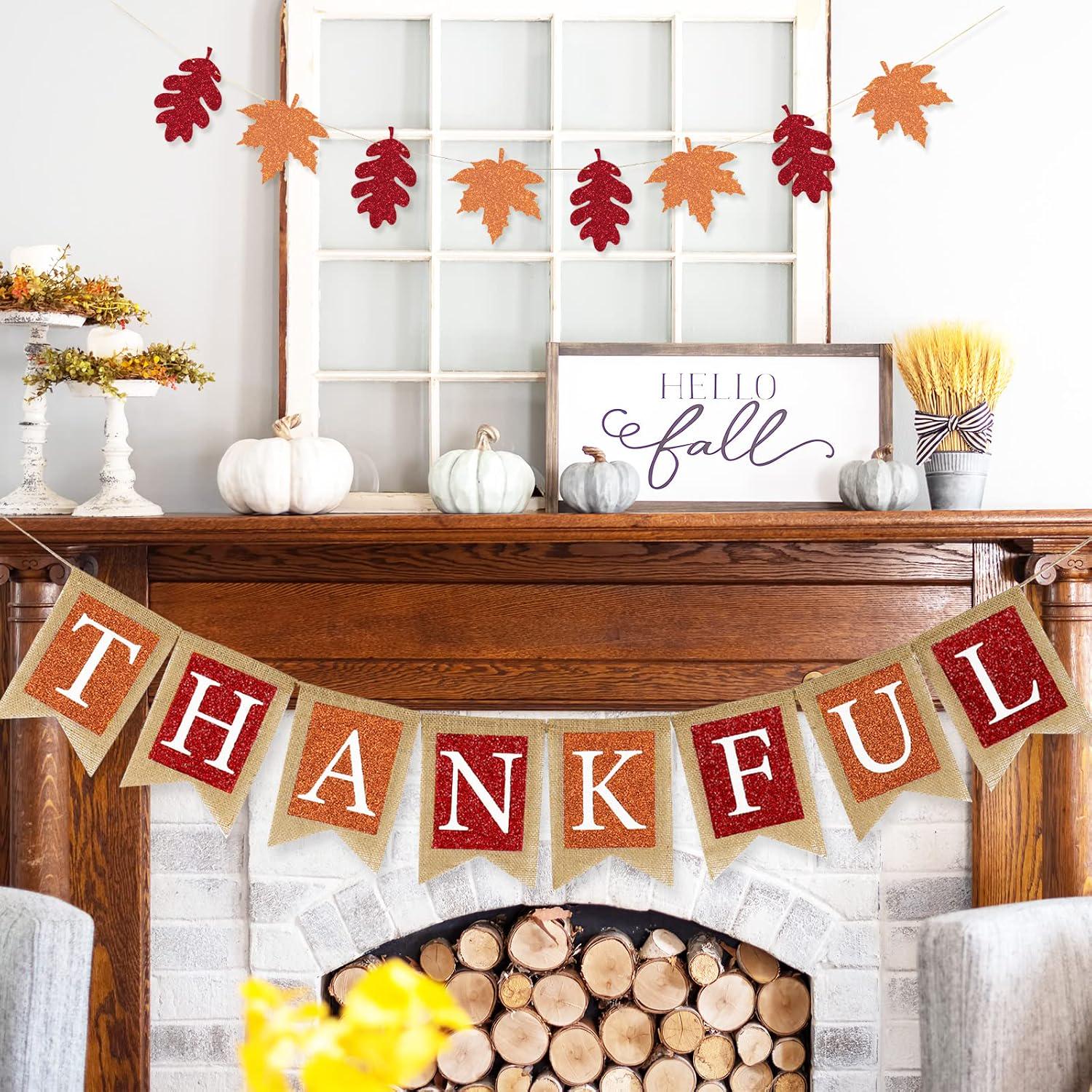 Thankful Fall Burlap Banner, Glitter Maple Leaf Garland, Rustic Autumn Bunting