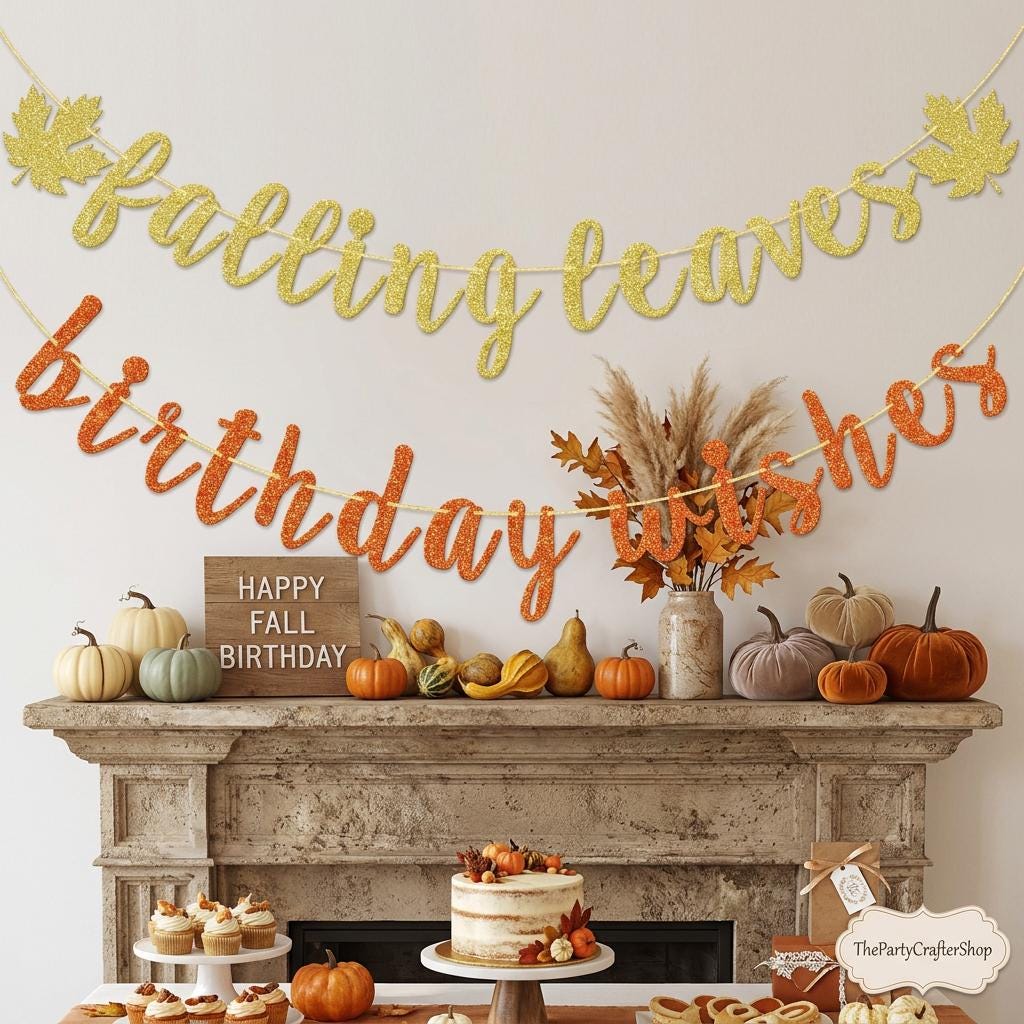 Glitter Fall Birthday Banner, Autumn Leaf Garland, Pre-Strung Party Decor