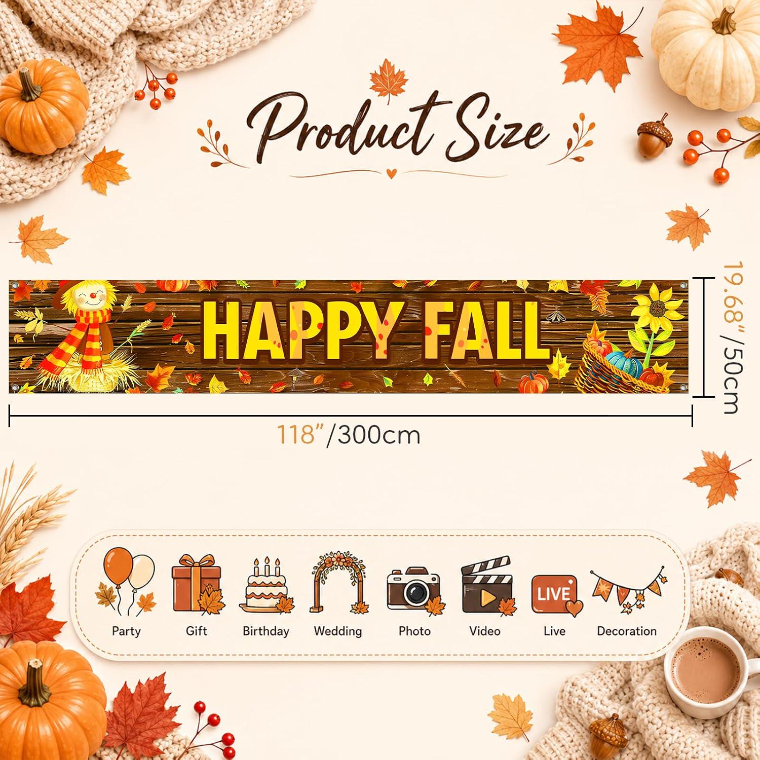 Happy Fall Scarecrow Banner, Harvest Pumpkin Maple Leaf Decor (118x20 Inch)