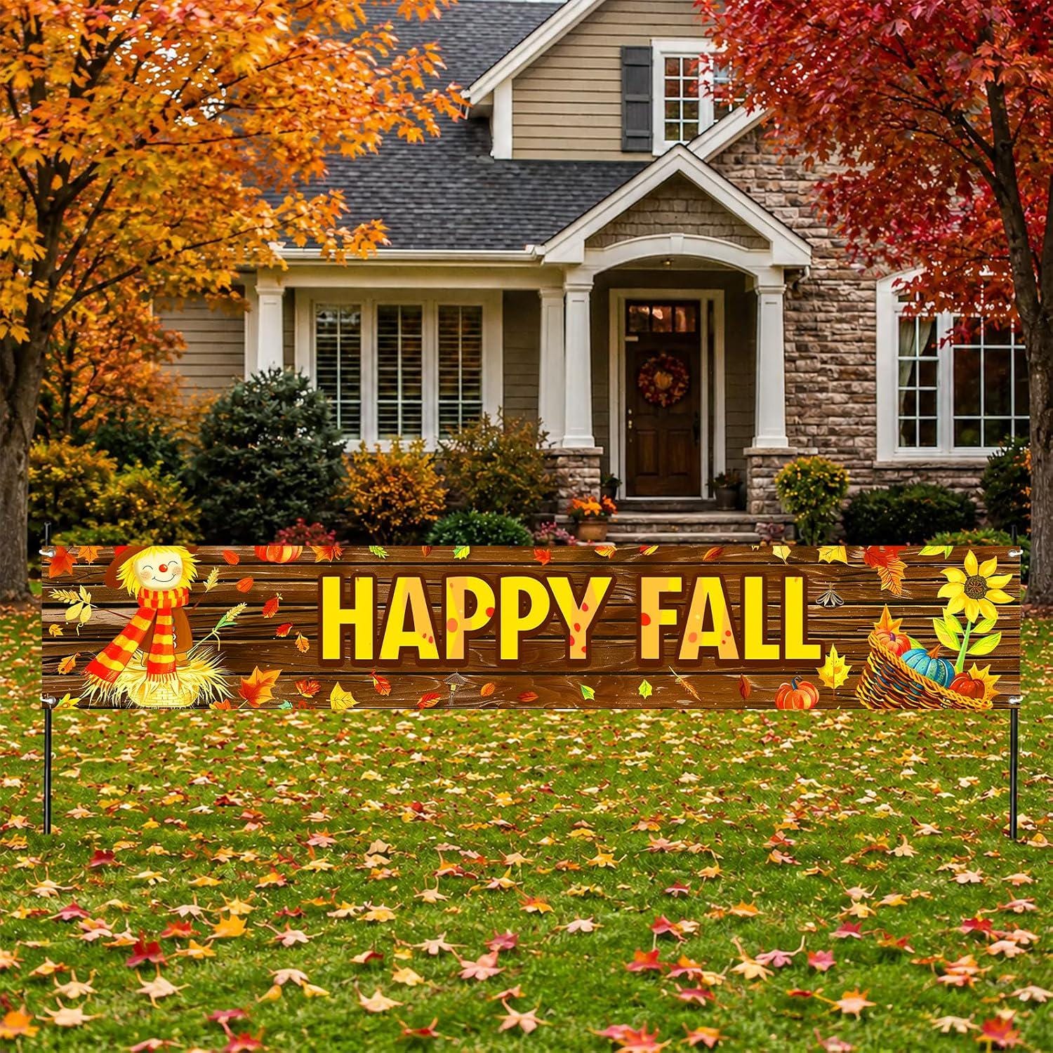 Happy Fall Scarecrow Banner, Harvest Pumpkin Maple Leaf Decor (118x20 Inch)