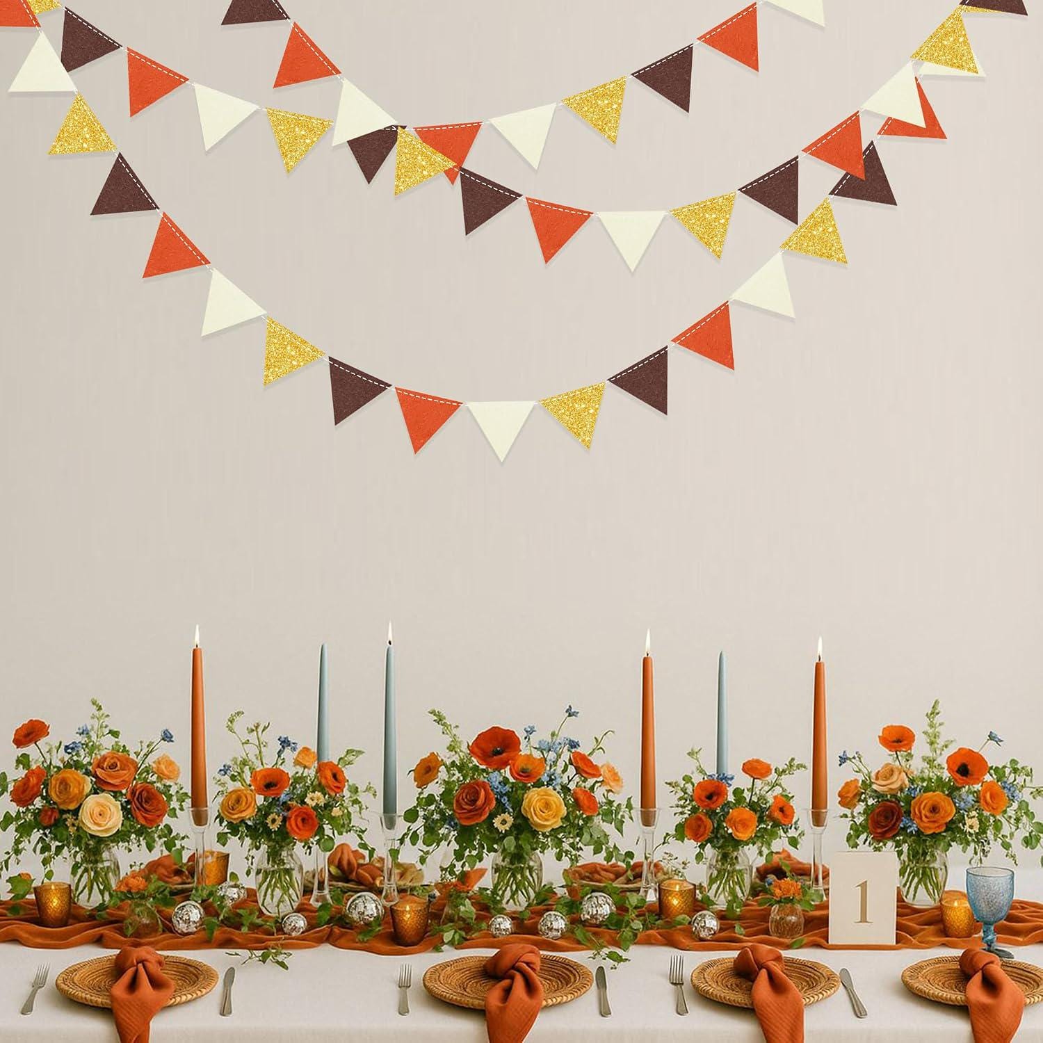 Fall Felt Pennant Banner, Brown Orange Gold Beige Triangle Bunting, Autumn Garland (24ft)