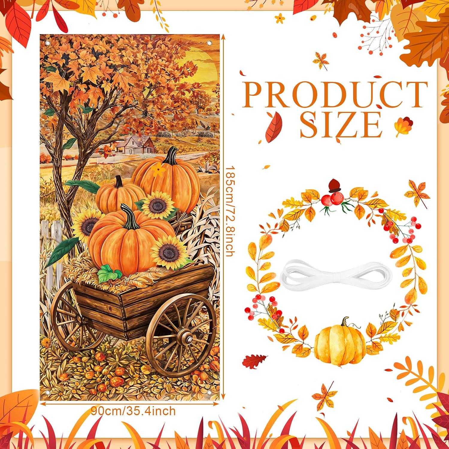 Large Fall Door Banner, Pumpkin Maple Leaf Harvest Photo Backdrop (70x35 inches)